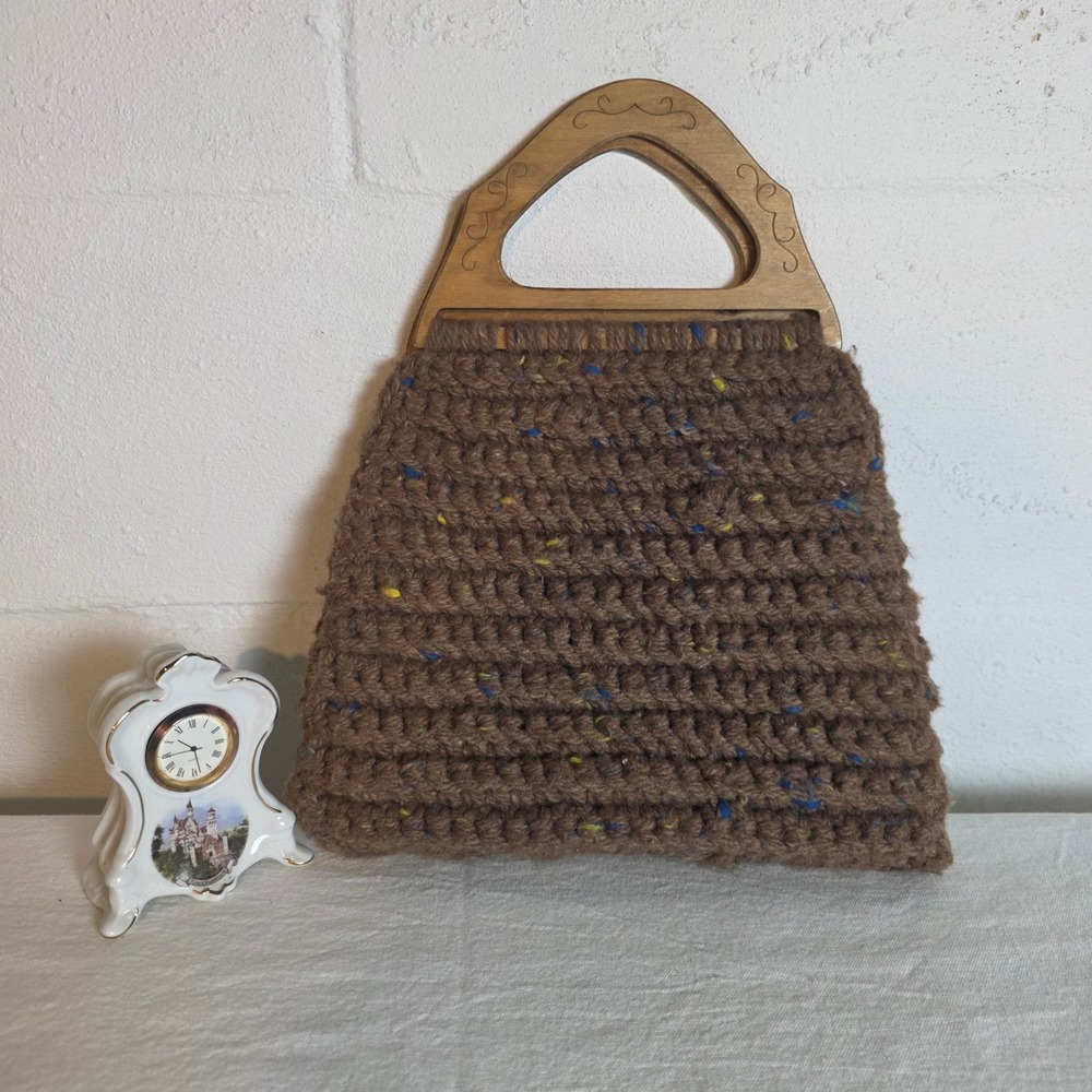Handmade Brown Tweed Chunky Crochet Handbag Carved Wood Handle Floral Lining
